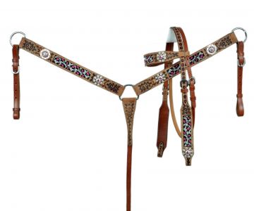 Showman Browband beaded pink Cheetah Headstall and Breast collar Set with pink conchos, and a two tone light rough out and medium oil leather
